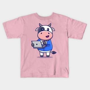 Cute Cow Working On Laptop Kids T-Shirt